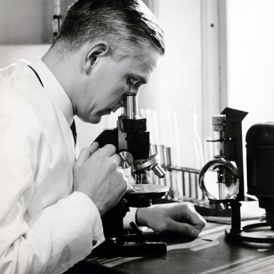 scientist looking through a microscope